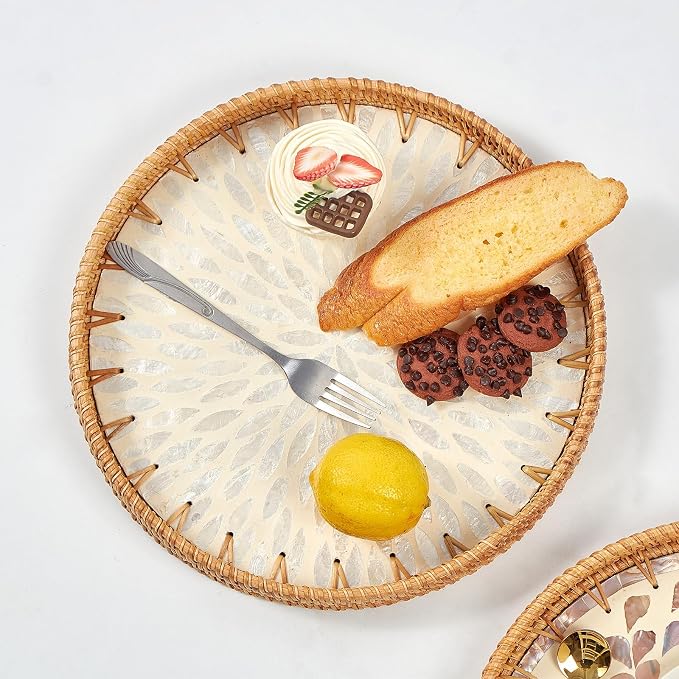Kmelep Round Rattan Tray with Mother of Pearl Inlay, Rattan Serving Tray with - Image 2