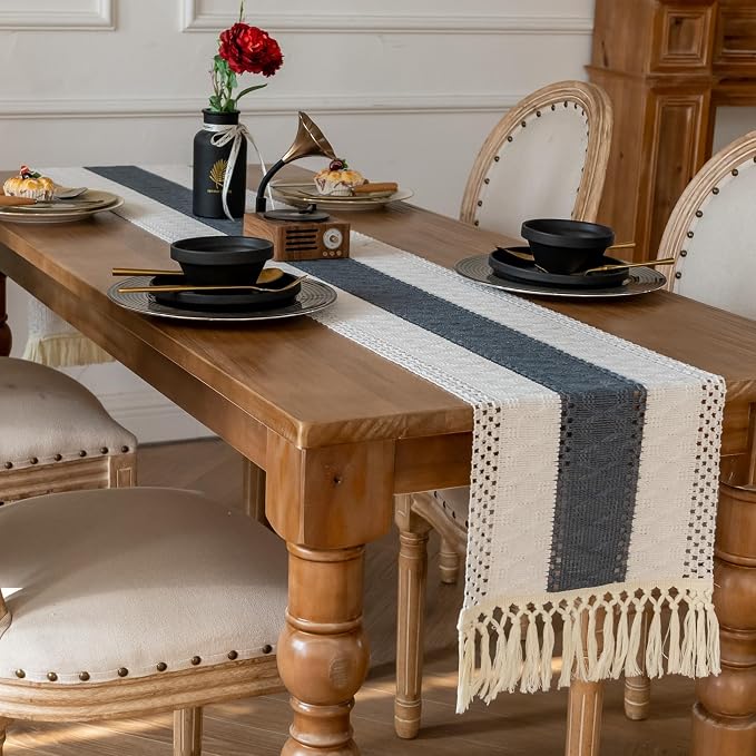 EMMTEEY Boho Table Runner with Tassels 72 Inches Long, Stone Blue | Handmade - Image 3