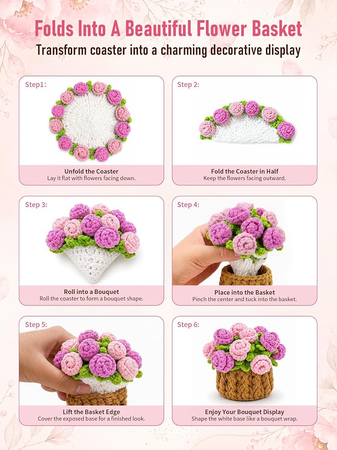 Crochet Flower Bouquet Coasters, Cotton Rose Gifts - Image 3