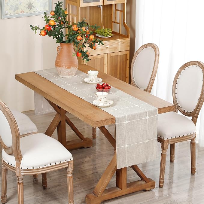 NEWISHER Rustic Embroidered Plaid Cloth Table Runner 60 inches, Farmhouse - Image 2