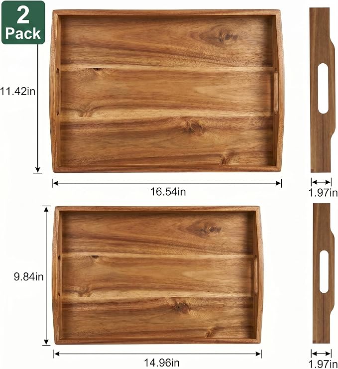 Acacia Wood Serving Trays with Handles, Rectangular Wooden Tray Set of 2 - Image 3