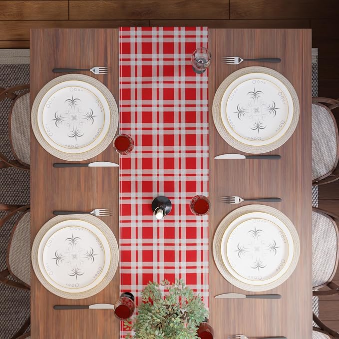 Encasa XO Table Runner, Woven Cotton Dining Runner 13"x72" | Franca Red Checks - Image 6