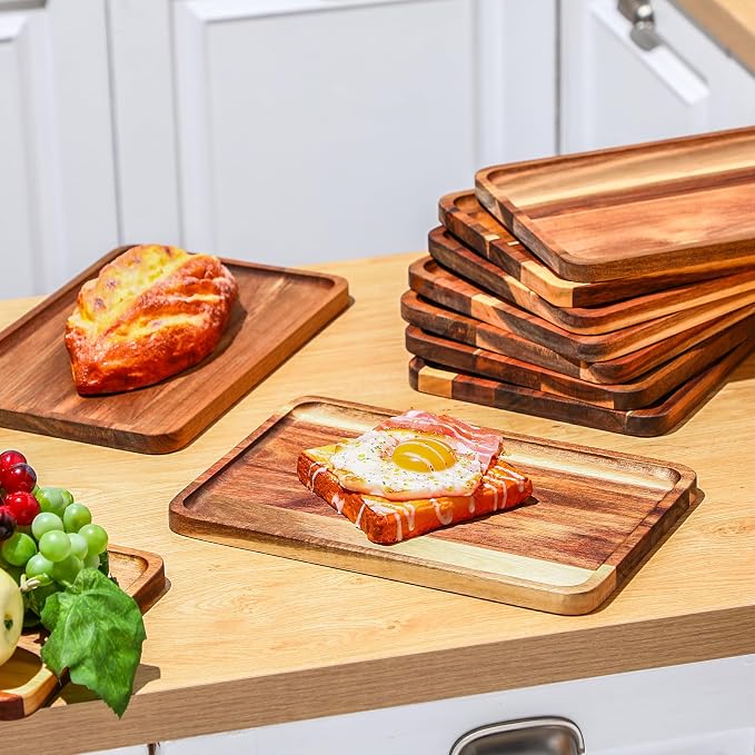 Roshtia 24 Pcs Acacia Wood Serving Tray Rectangular Wooden Serving Platter - Image 4