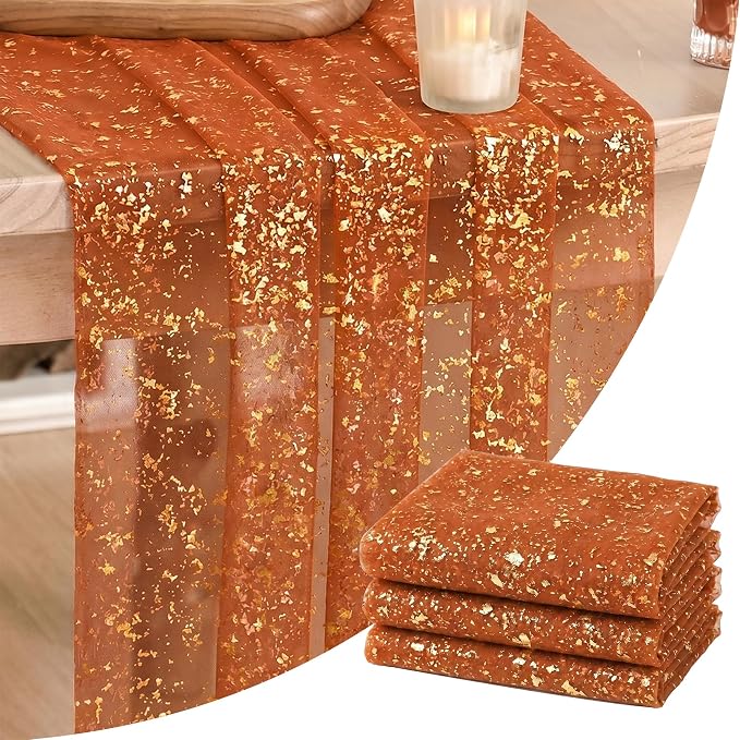 Artoid Mode 3PCS Caramel Gauze Gold Table Runner 120 Inch 10FT, Glitter by ArtoidMode