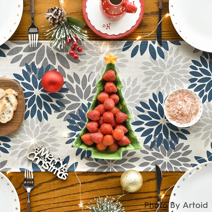 Artoid Mode Dahlia Aqua Floral Pinnata Flower Summer Table Runner, Seasonal - Image 4