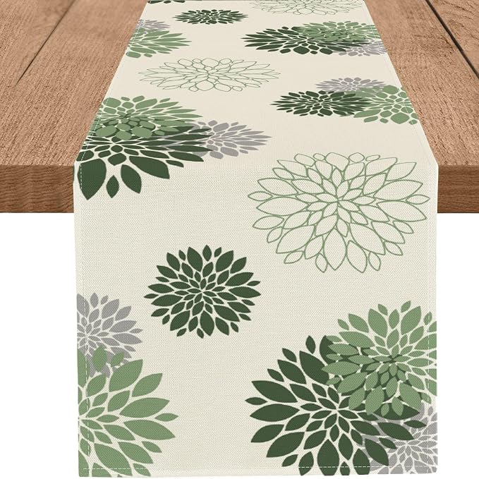 Sage Green Gray Table Runner Dahlia Pinnata Flower Beige Table Runners Modern by WHOMEAF