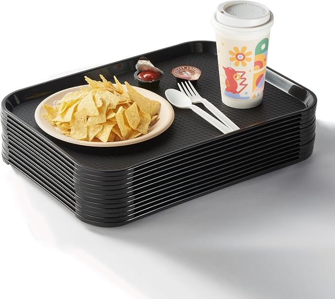12 Pack Black Plastic Serving Trays, 12x16 Inch Cafeteria Tray | Black Plastic by CURTA