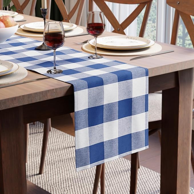 Encasa XO Table Runner, Woven Cotton Dining Runner 13"x104" Buffalo Blue Checks by EncasaXO