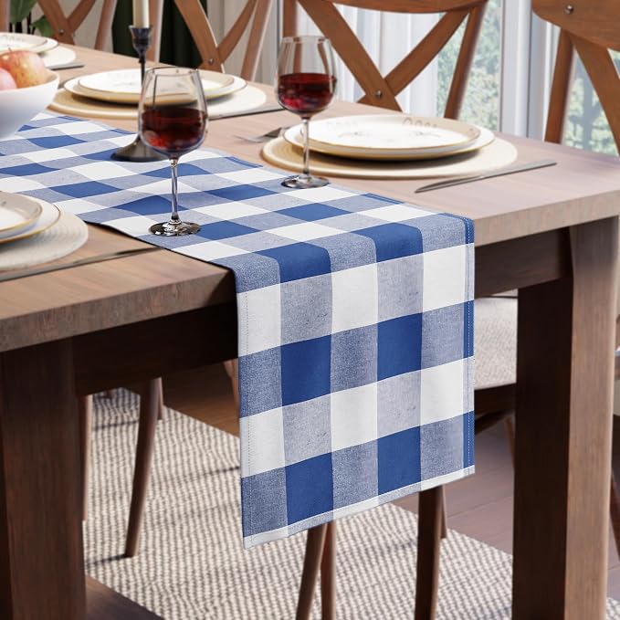 Encasa XO Table Runner, Woven Cotton Dining Runner 13"x91" Buffalo Blue Checks by EncasaXO