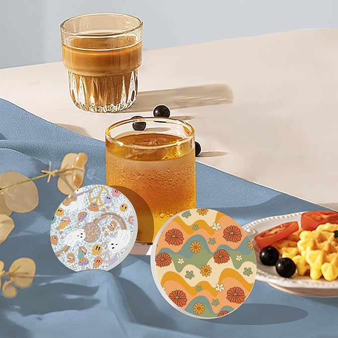 Table Coaster for Drinks Set of 6, Retro 70s Colorful Groovy Round Ceramic - Image 7