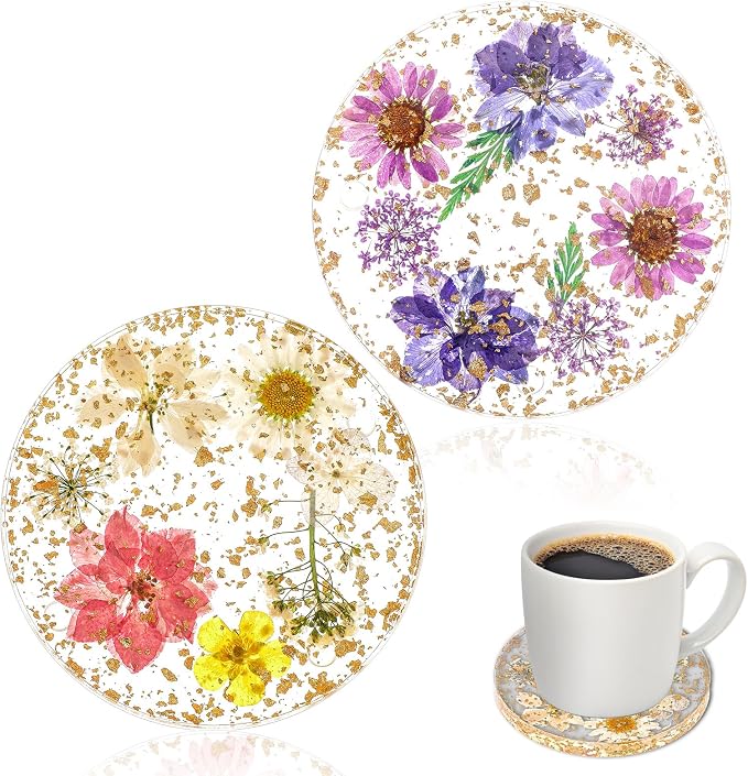 2pcs Dried Flower Drink Coasters, Flower Resin Drink Cup Mat Reusable Floral by Unknown