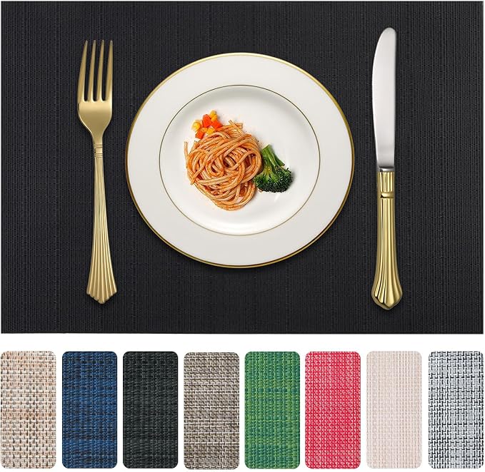 Vinyl Placemats Set of 8, PVC Woven Washable Non-Slip Table Mats, Heat by LANDVIEW
