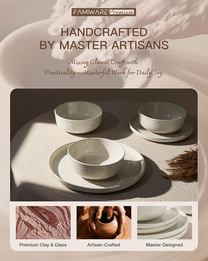 Stoneware Dinnerware Sets for 8, Plates and Bowls, Cream | 24-Piece Ceramic - Image 5