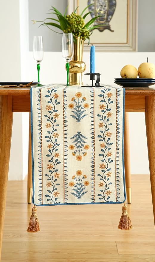 Designer French Linen Long Table Runner, Pale Yellow Floral Pattern, Dining - Image 7