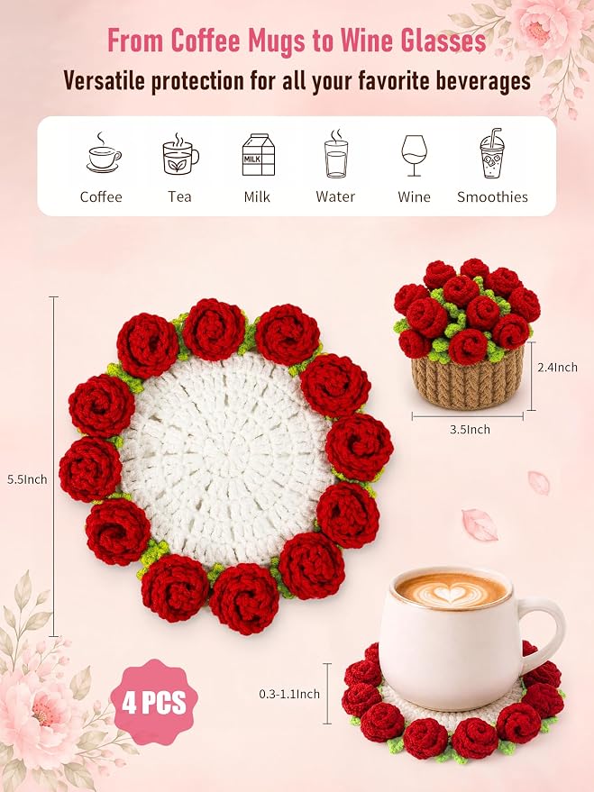 Crochet Flower Bouquet Coasters, Cotton Rose Gifts - Image 2