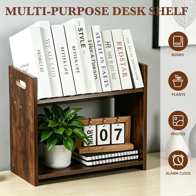 Desktop Bookshelf, 2 Tier Desk Shelf Organizer, Wood Office Tabletop Bookcase - Image 4