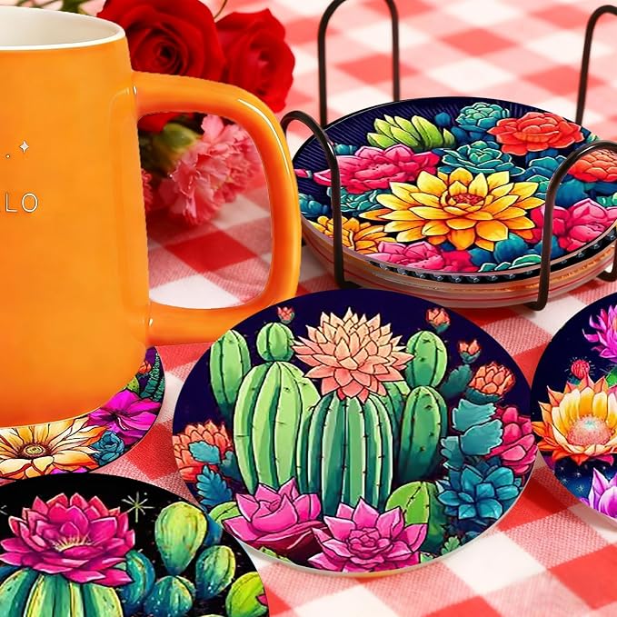 Colorful Cactus Diamond Art Coasters 8 Pcs | Diamond Painting Set, DIY Arts and - Image 2