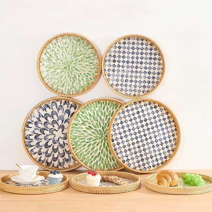 Round Rattan Tray with Mother of Pearl Inlay, Rattan Serving Tray with Wooden - Image 6