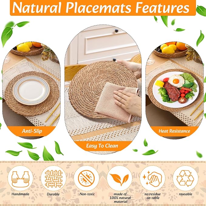 6 Sets Boho Decoration Placemats Round Woven Placemats, Cloth Napkins, Wood - Image 5