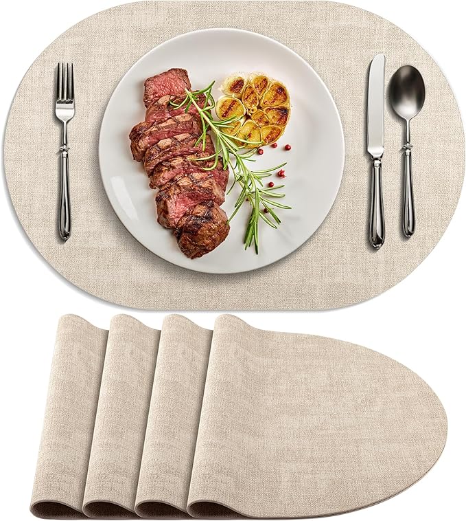 Placemats for Dining Table Set of 4 Non-Slip, Heat Resistant Oval Leather by Delicateandelegantplacemats