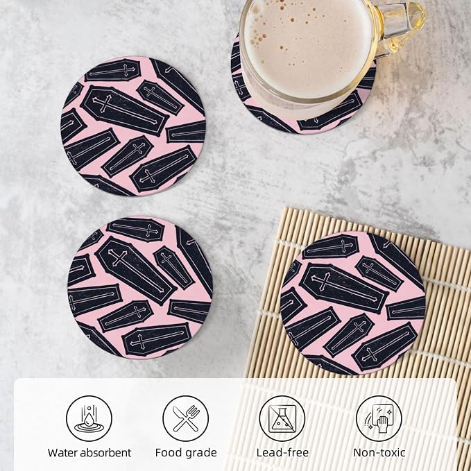Coffin Creepy Horror Coasters Set of 4, Absorbent Ceramic Drink Coasters Cup Mat - Image 5