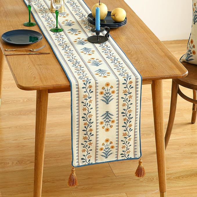 Designer French Linen Long Table Runner, Pale Yellow Floral Pattern, Dining - Image 2