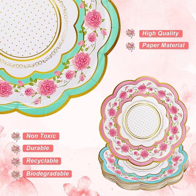 FillTouch 100 Sets Floral Paper Tea Cups and Saucers Disposable Paper Tea Party - Image 5