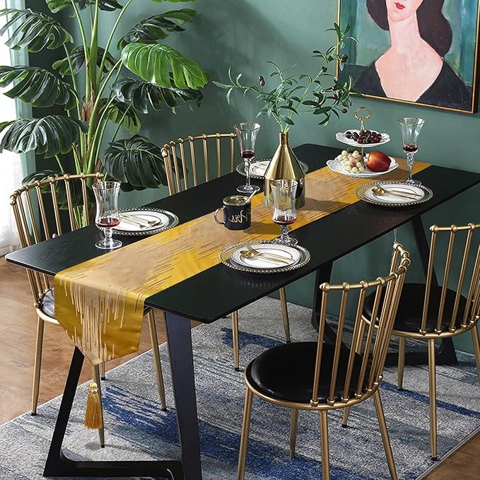 Luxury Elegant Gold Table Runner 120 Inches Long, Modern Geometry, Tassels | - Image 6