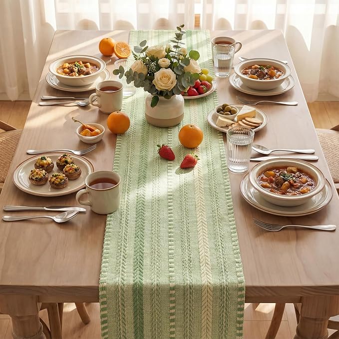 Artoid Mode Sage Green Farmhouse Stripe Braided Table Runner 12x48 Inch | - Image 3