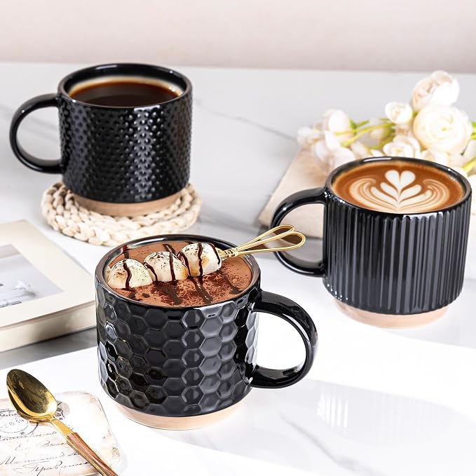GBhome 12 OZ Stackable Coffee Mugs Set of 4, Ceramic Black Coffee Cups Set | 4 - Image 6