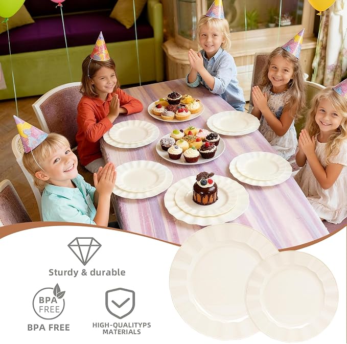 60 Pcs Ivory Plates, Wave Edge Design Disposable Plastic Plates | Disposable - Image 3