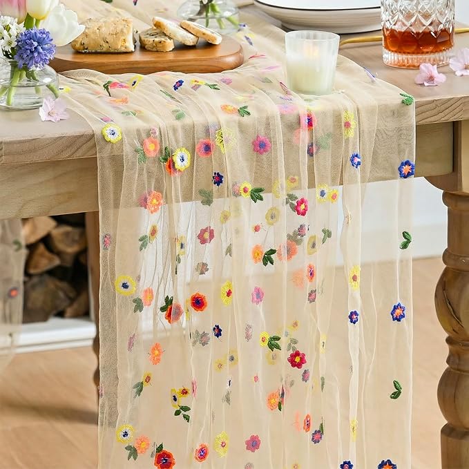 Artoid Mode Champagne Embroidery Daisy Gauze Table Runner 120 Inch 10FT | by ArtoidMode