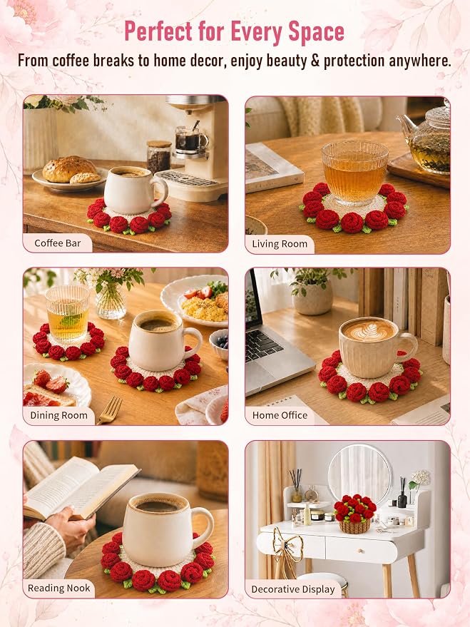 Crochet Flower Bouquet Coasters, Cotton Rose Gifts - Image 8