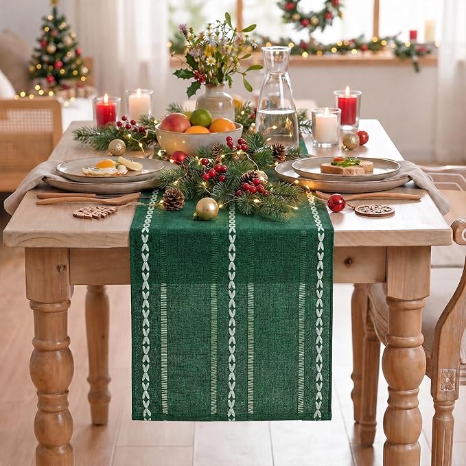 Artoid Mode Green Rustic Cotton Linen Christmas Table Runner, Seasonal - Image 4