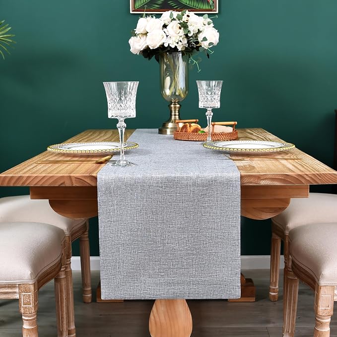 NEWISHER Farmhouse Rustic Faux Linen Solid Grey Table Runner 13x90inch | Grey - Image 3