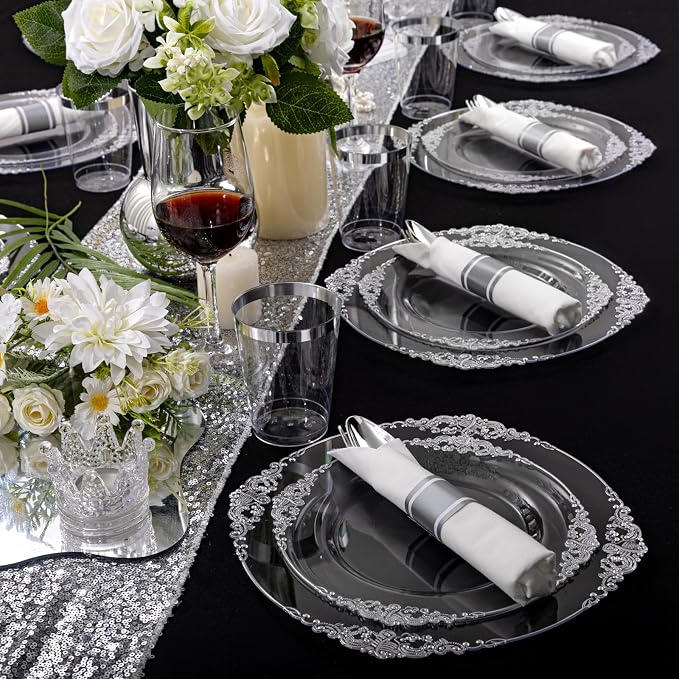 Morejoy 350PCS Clear Silver Plastic Plates - Image 5