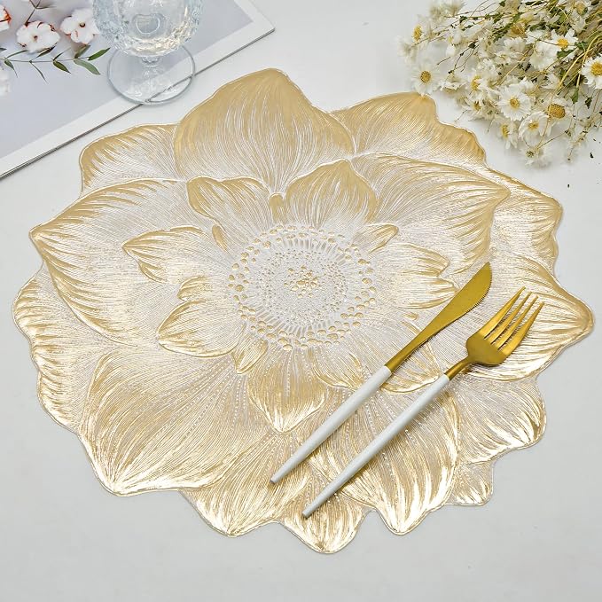Gold Placemats Set of 6, Creative 3D Flower Placemats Waterproof Oil-Proof | - Image 7