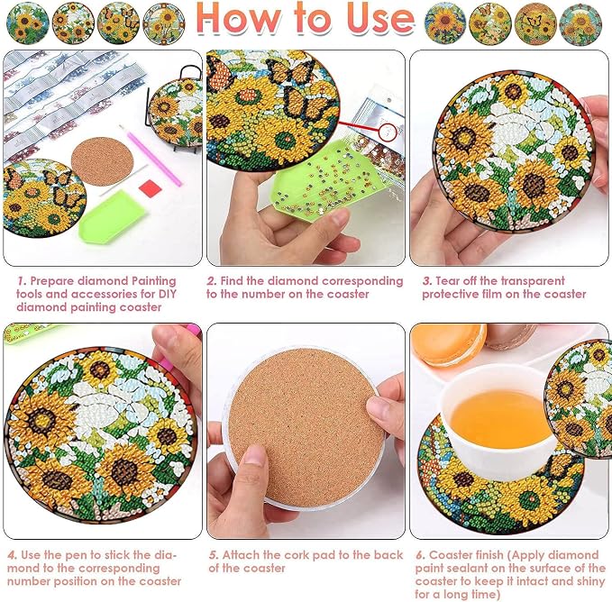 ijbnhd 8 Pcs Sunflower Diamond Art Coasters Kit Diamond Painting Coasters | - Image 6