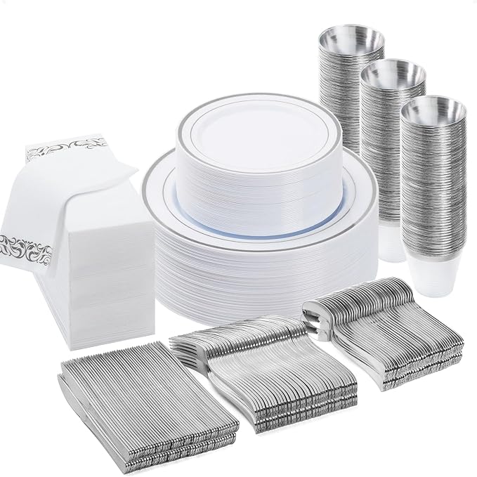 BESTVIP 350 PCS Disposable Silver Plates and Silverware Set by Bestvip