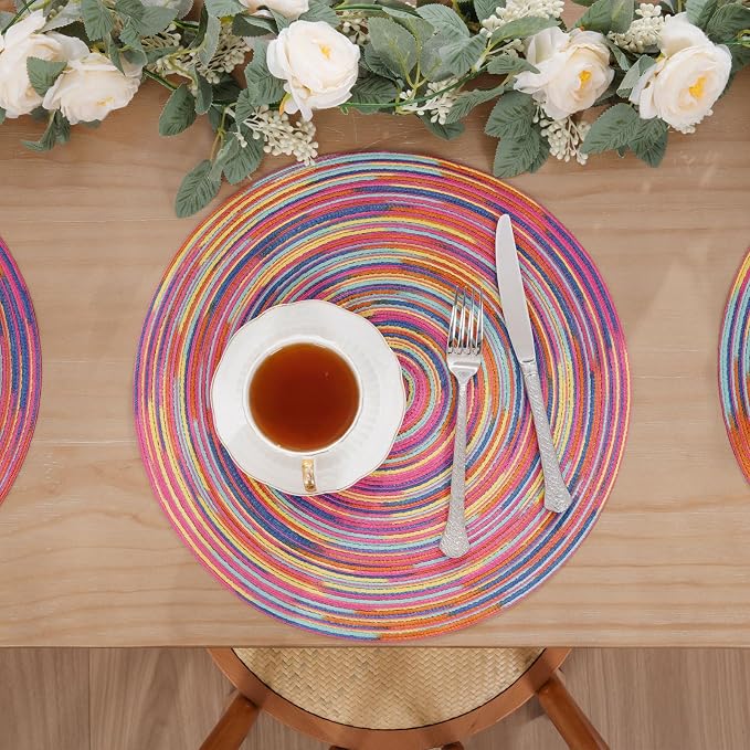 SHACOS 15 inch Round Placemats Set of 6 Variegated Multicolor Place Mats Cotton - Image 6