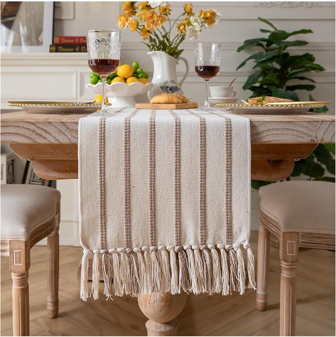 Caflife Boho Table Runner 60 Inchs Long Taupe and Beige, Cotton and Linen Woven by Caflife