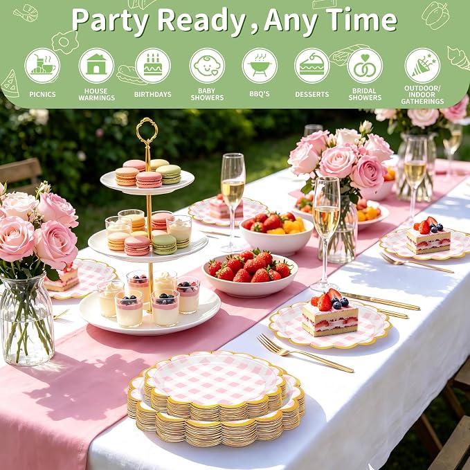50 Pcs Pink Gingham Paper Plates Disposable, Dessert Cake Plates, - Image 3