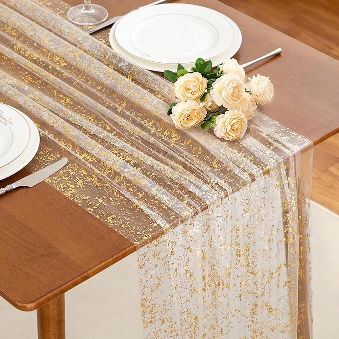 SiinvdaBZX 4 Pcs White Gold Sheer Tulle Table Runner 120 Inch/10 Ft Long | by SiinvdaBZX