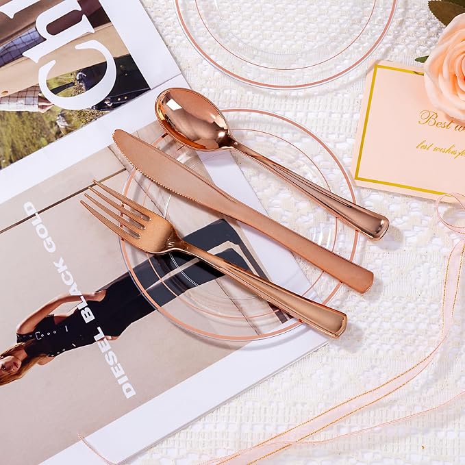 bUCLA 100PCS Clear Rose Gold Plastic Plates Disposable - Image 4