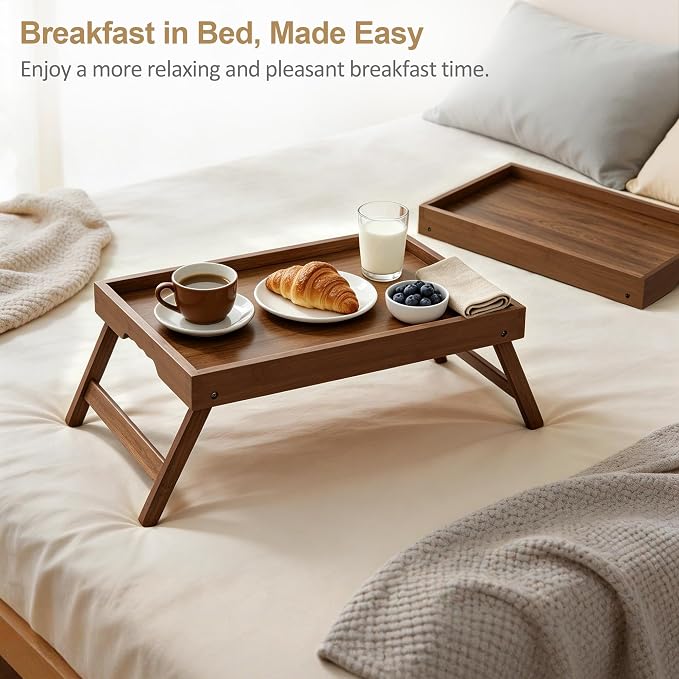 Bamboo Breakfast Trays with Folding Legs, Walnut | Set of 2 large bamboo bed - Image 2