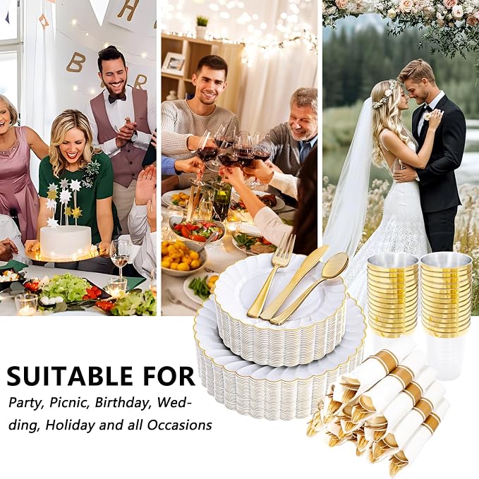 YOUBET 350PCS White and Gold Scalloped Plastic Plates - Image 4