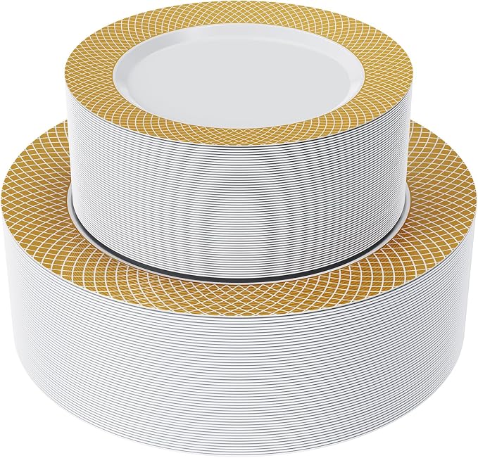 FOCUSLINE Gold Plastic Plates Set of 102, Disposable Plates by FOCUSLINE
