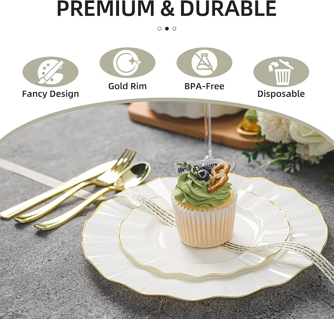 250PCS Ivory Plastic Plates Set, Wavy Plates - Image 3