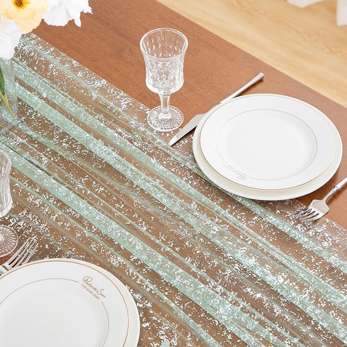 SiinvdaBZX Sage Green Sheer Tulle Table Runner 120 Inch/10 Ft Long | Gauze - Image 6