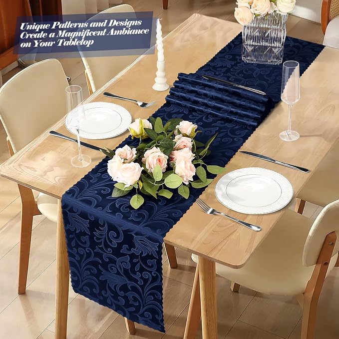 MILVOWOC 12 Pack Navy Blue Satin Table Runner, 12 x 72 Inch | Jacquard Damask - Image 2